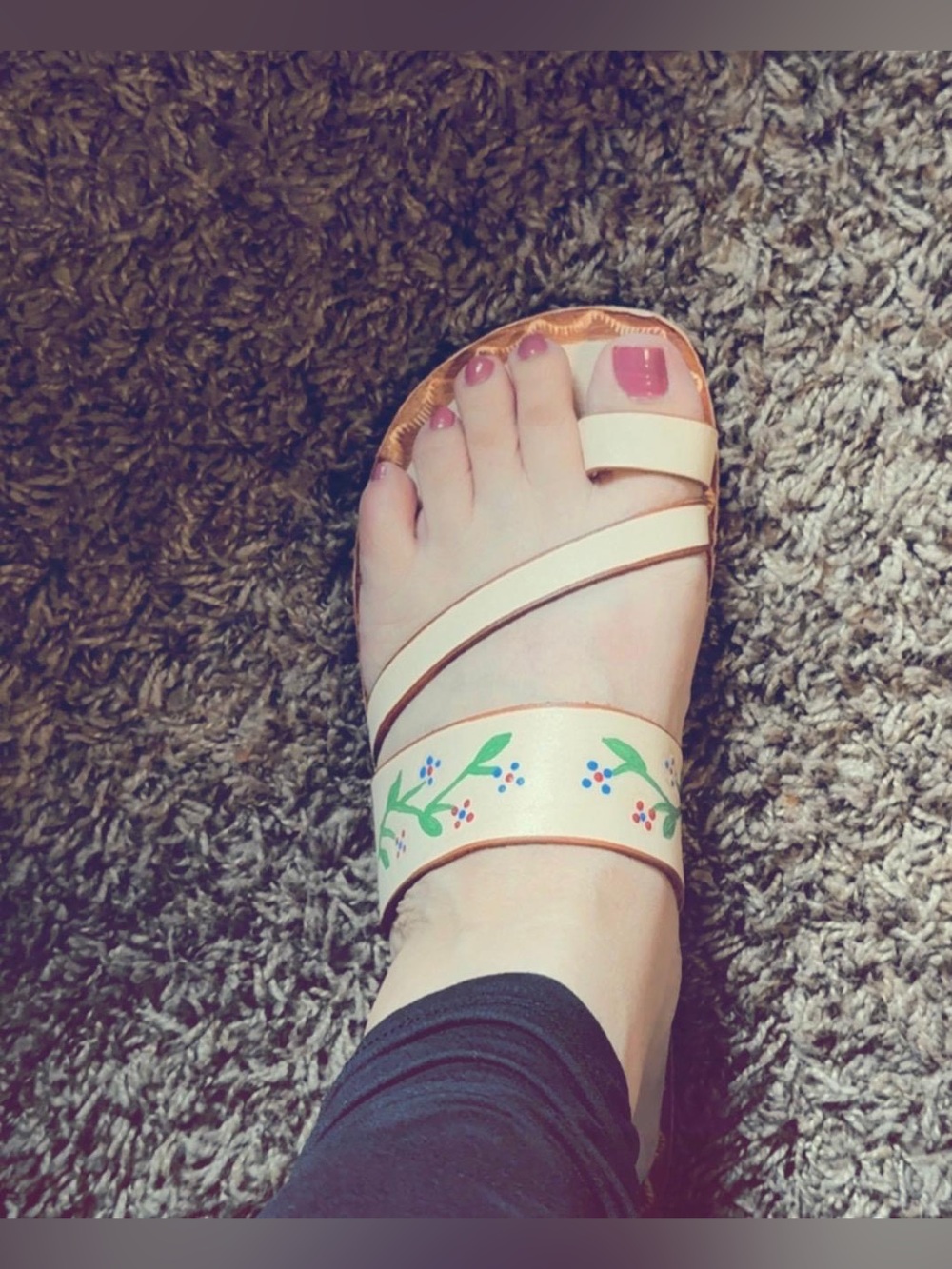 Hand-Painted Cream Floral Strap Sandals for Women